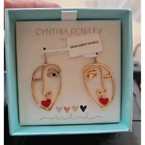 New Cynthia Rowley Face Siliouette Red Lips Brass Sterling Silver Posts Earrings
